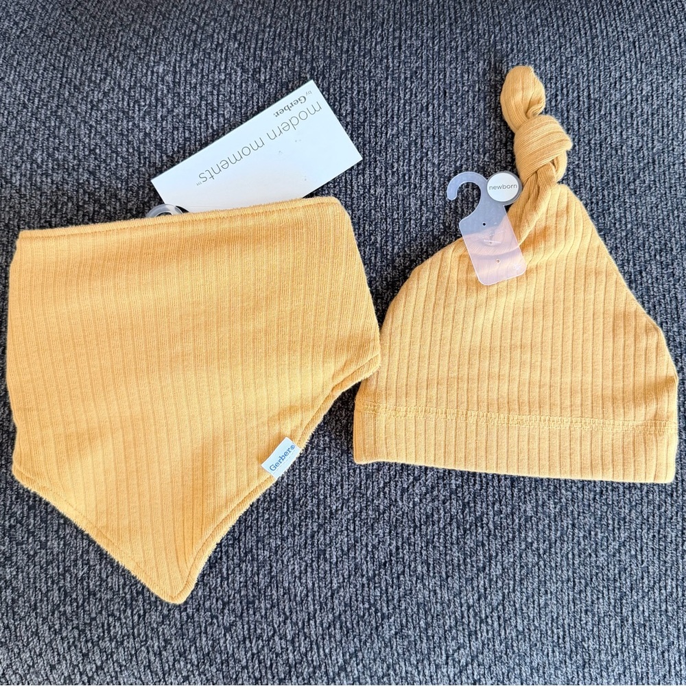 Modern Moments Yellow Baby Hat and Bib Set NWT